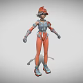 Woman in Orange and Gray Futuristic Armor With Red Hat Standing Dynamic Pose