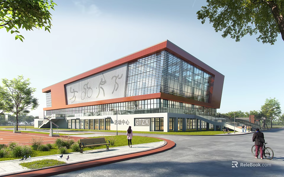 Modern Sports Center Building With Glass Facade And Red Roof 3d model 