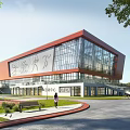 Modern Sports Center Building With Glass Facade And Red Roof
