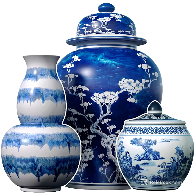 Chinese Traditional Blue and White Ceramic Vessels with Plum Blossom and Landscape Patterns 3d model 