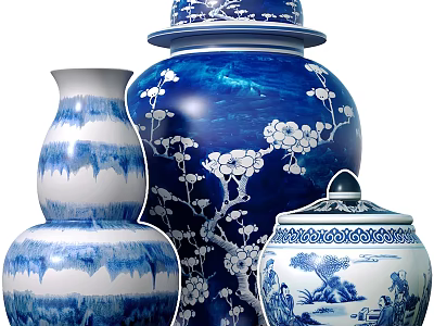 Chinese Traditional Blue and White Ceramic Vessels with Plum Blossom and Landscape Patterns 3d model