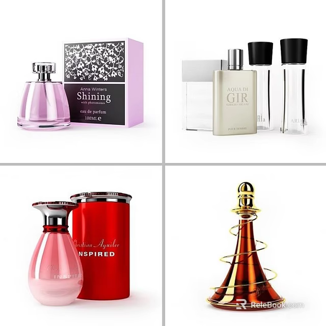 Perfume Cosmetics Collection With Various Elegant Bottle Designs And Packaging Boxes 3d model