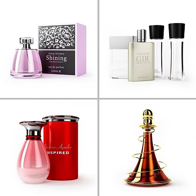 Perfume Cosmetics Collection With Various Elegant Bottle Designs And Packaging Boxes 3d model