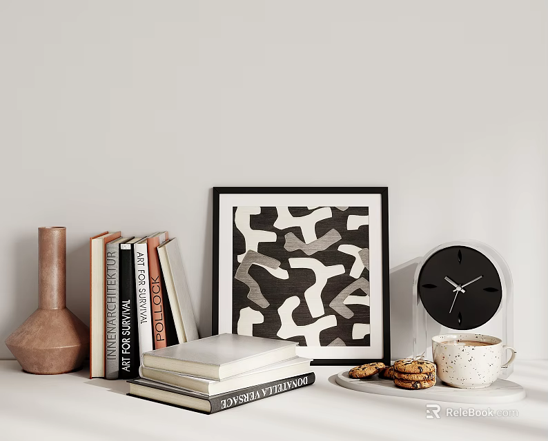 Ornamental Decor Set With Picture Frame Books Vase Clock Mug And Cookies 3d model 