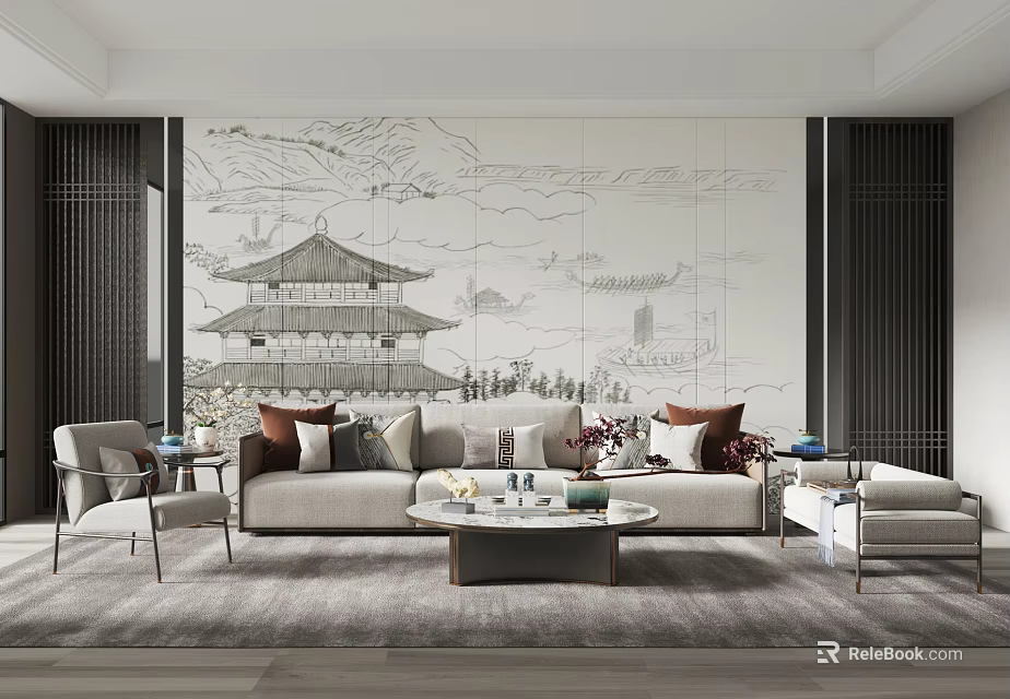 Sofa Coffee Table Set In Modern Living Room With Decorative Pillows And Wall Art 3d model 