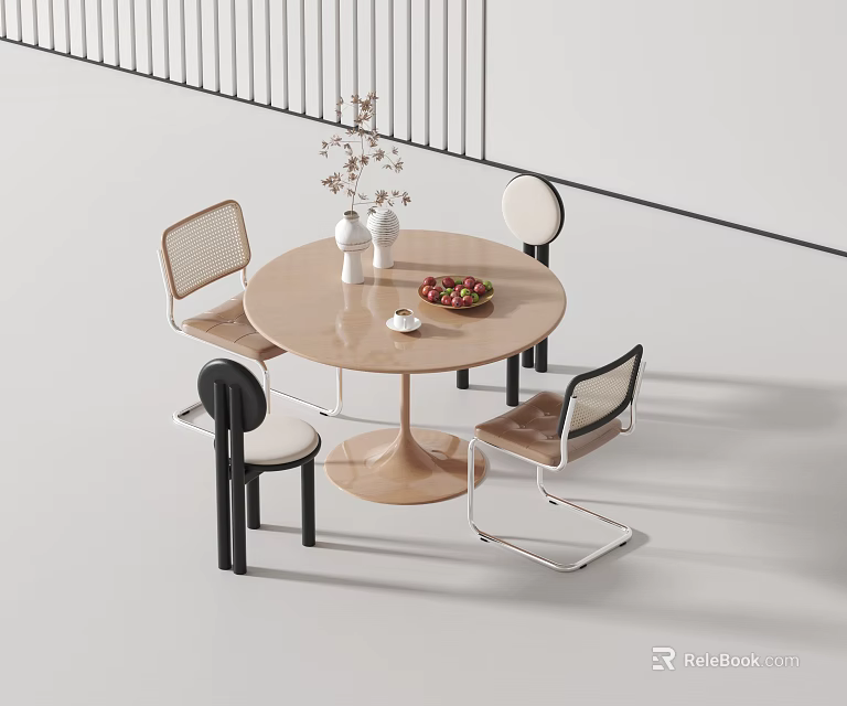 Modern Round Table with Chairs Set in Minimalist Interior Featuring Vase Fruits and Cup 3d model 