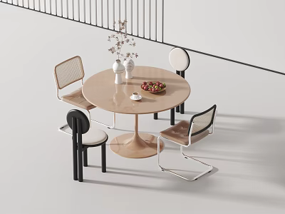 Modern Round Table with Chairs Set in Minimalist Interior Featuring Vase Fruits and Cup 3d model