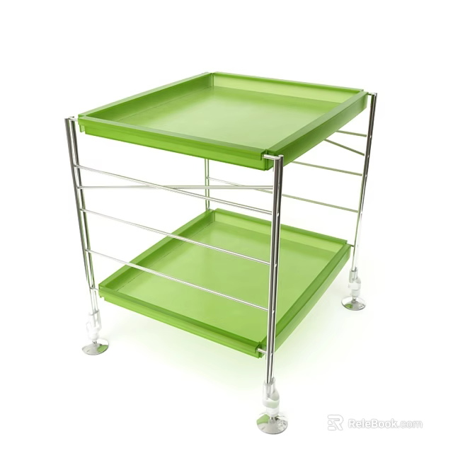 Practical Two Tier Storage Shelf with Green Trays and Metal Frame on Rolling Wheels 3d model 