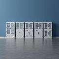White Multi Door Lockers With Glass Panels On Blue Background Interior