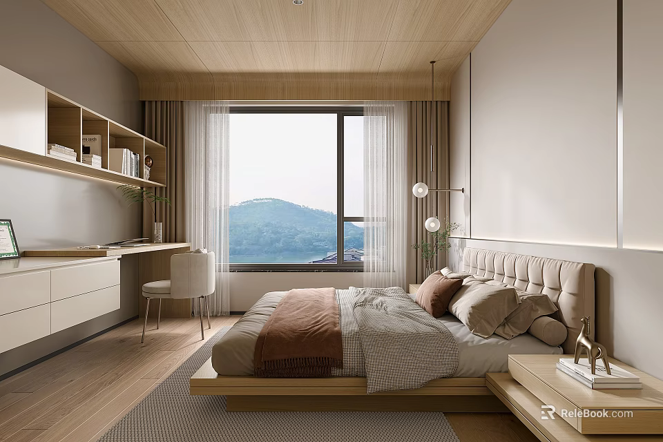 Modern Bedroom With Wooden Ceiling Large Window Mountain View Beige Brown Bedding Desk And Bookshelf 3d model 