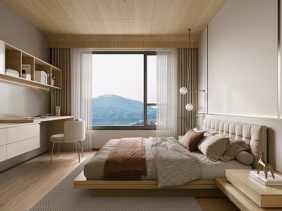 Modern Bedroom With Wooden Ceiling Large Window Mountain View Beige Brown Bedding Desk And Bookshelf 3d model
