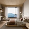 Modern Bedroom With Wooden Ceiling Large Window Mountain View Beige Brown Bedding Desk And Bookshelf