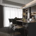 Sleek Modern Restaurant Interior With Dark Cabinets Island Counter And Pendant Lights