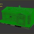 Red Brick Building Model With Blue Metal Roof Chimney Wooden Door And Windows