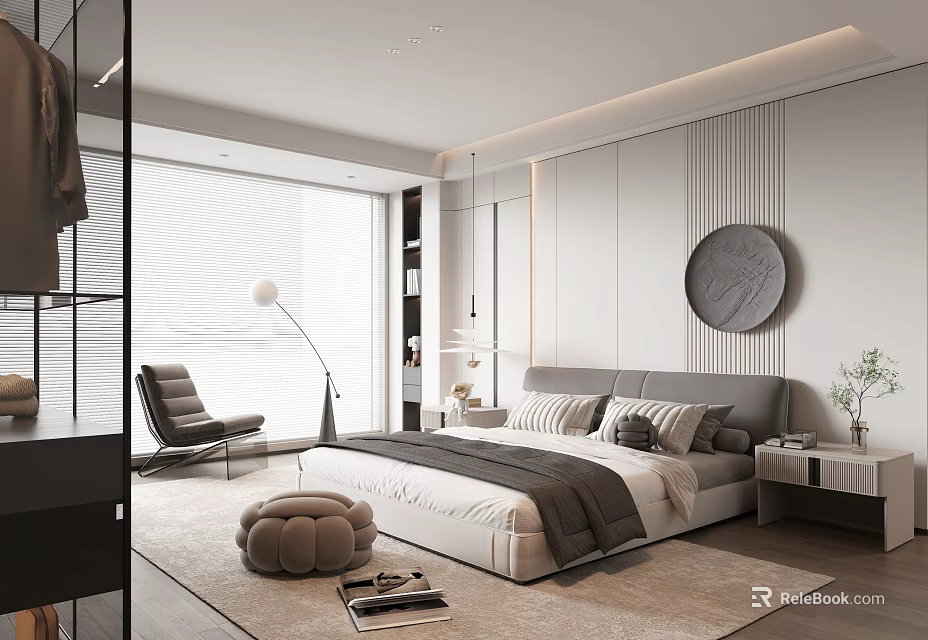 Modern Bedroom Interior Design With Large Bed Gray Headboard Round Decorative Painting And Floor Lamp 3d model 
