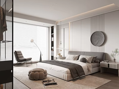 Modern Bedroom Interior Design With Large Bed Gray Headboard Round Decorative Painting And Floor Lamp 3d model