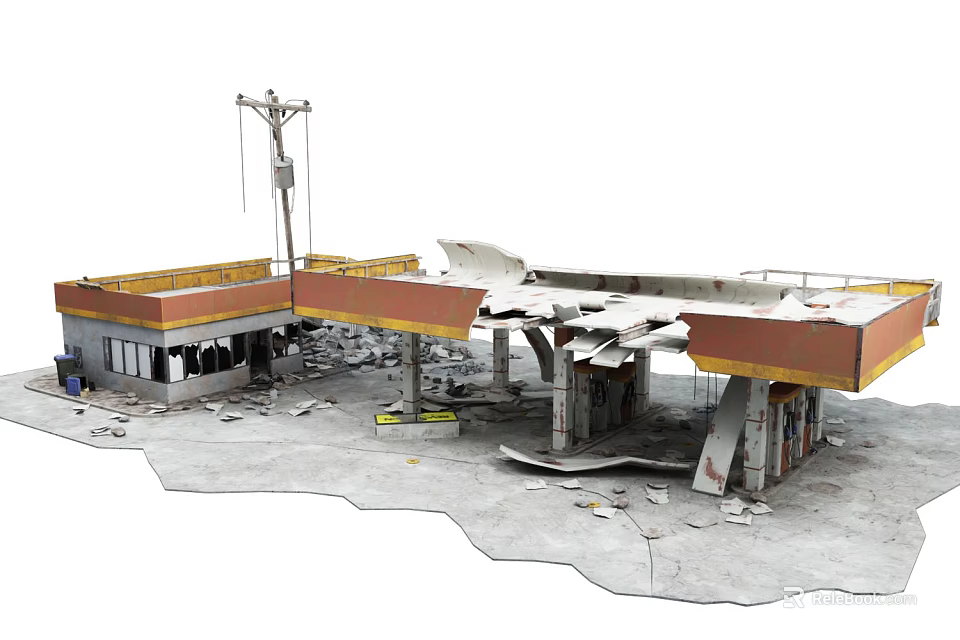 Damaged Gas Station Structure With Collapsed Roof And Scattered Debris On Ground 3d model 