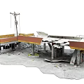 Damaged Gas Station Structure With Collapsed Roof And Scattered Debris On Ground