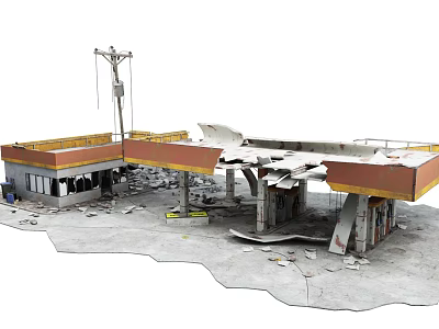 Damaged Gas Station Structure With Collapsed Roof And Scattered Debris On Ground 3d model