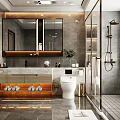 Modern Bathroom Interior Design With Vanity Mirror Toilet Shower And Stone Tiles