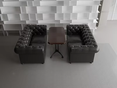 Black Leather Tufted Sofa and Dark Wooden Coffee Table Set with Metal Legs 3d model