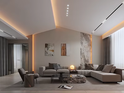 Elegant Modern Living Room Interior With Beige Sofa Accent Chair And Marble Wall Art 3d model