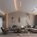 Elegant Modern Living Room Interior With Beige Sofa Accent Chair And Marble Wall Art