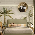 Kids Bed in Tropical Children's Room with Plant Wallpaper Stuffed Toys Circular Clock and Skateboard