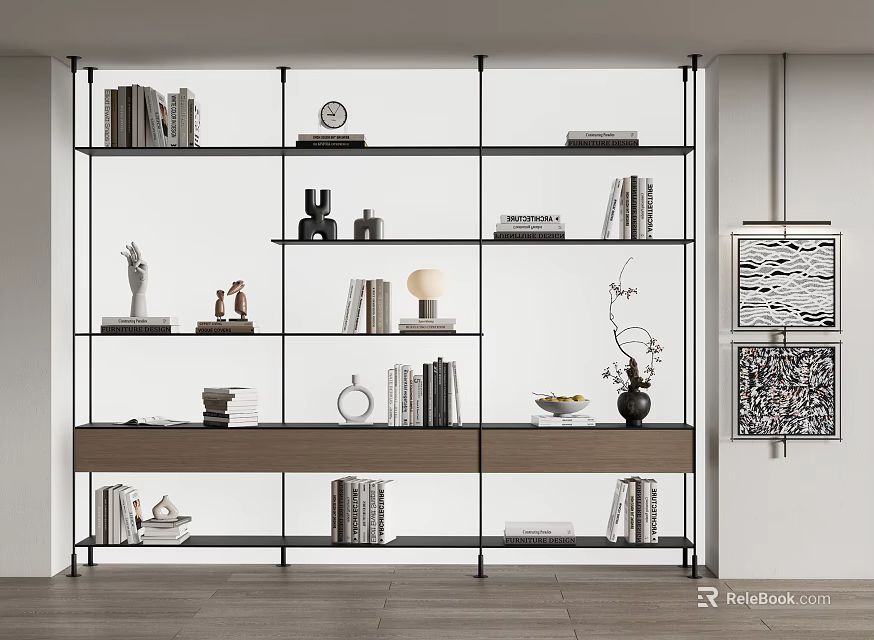 Modern Open Shelving Unit Displaying Books Decorative Items Clock Sculpture And Vase 3d model 