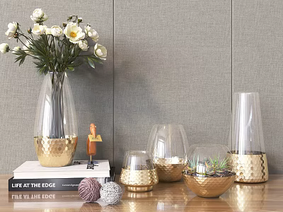 Transparent Glass Vases With White Flowers And Golden Bases On Wooden Tabletop Against Gray Wall 3d model