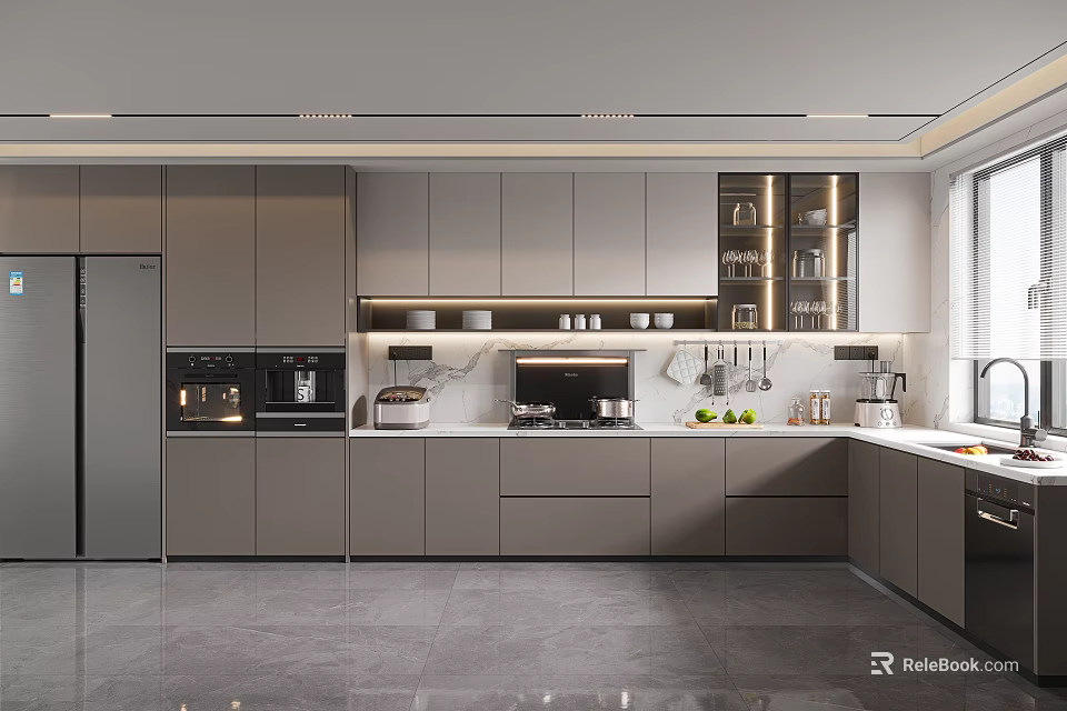 Modern Kitchen Interior With Gray Cabinets Appliances White Countertop And Natural Light 3d model 