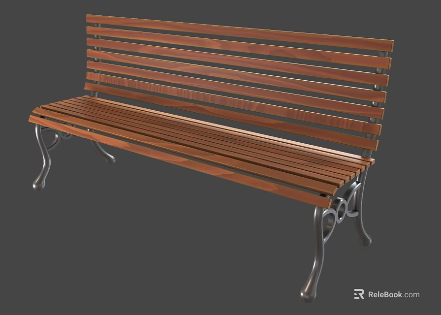 Sturdy Wooden Outdoor Bench With Slatted Design And Decorative Metal Legs 3d model 