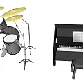 Assorted Musical Instruments and Art Supplies with Drum Set Piano Keyboard and Paintbrushes