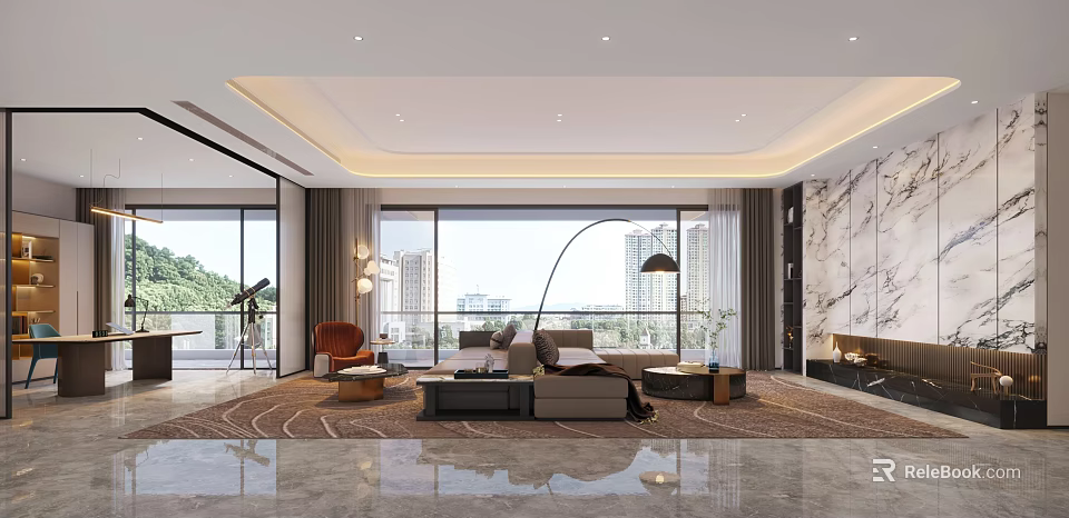 Elegant Modern Living Room Interior With Large Windows Sofa Floor Lamp And Area Rug 3d model 
