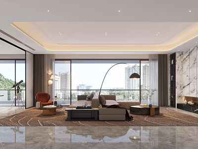 Elegant Modern Living Room Interior With Large Windows Sofa Floor Lamp And Area Rug 3d model