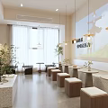 Modern Café Interior With Curved Bar Counter High Stools Decorative Wall Art And Indoor Plants