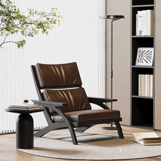 Brown Leather Leisure Chair With Black Frame Side Table Books Floor Lamp And Plant 3d model 