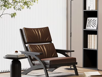 Brown Leather Leisure Chair With Black Frame Side Table Books Floor Lamp And Plant 3d model