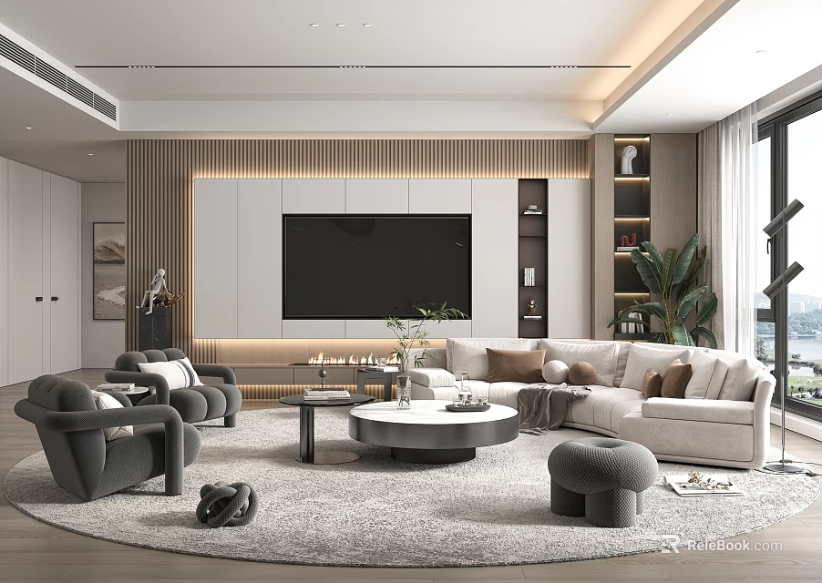 Modern Living Room Interior Design With TV Wall Sofa Round Coffee Table And Potted Plant 3d model 