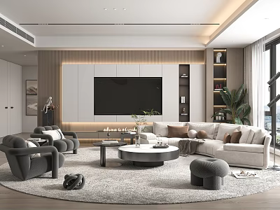 Modern Living Room Interior Design With TV Wall Sofa Round Coffee Table And Potted Plant 3d model