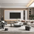 Modern Living Room Interior Design With TV Wall Sofa Round Coffee Table And Potted Plant