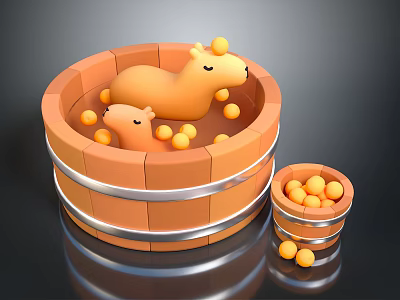 Cute Cartoon Beavers Playing In Wooden Tub With Yellow Balls And Small Bucket 3d model