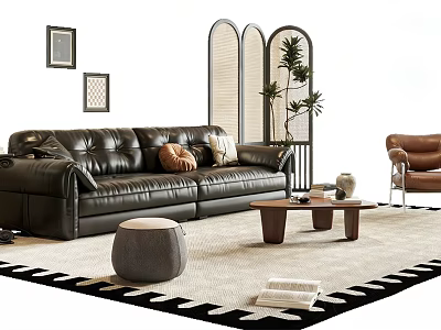 Black Leather Sofa and Wooden Coffee Table With Throw Pillows Ottoman Area Rug Plants 3d model
