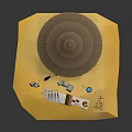 Cartoon African Thatched Hut Scene With Colorful Fabrics Clay Pots Dry Grass and Yellow Sand