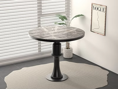 Round Marble Dining Table with Black Pedestal Base near Window Blinds and Vogue Artwork 3d model