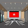 Modern Conference Room with Long Table White Chairs Large Screen Huawei Logo and City View