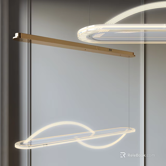Modern Chandelier With Circular Rings Linear Bars Wooden Elements Transparent Materials And Soft Lighting 3d model 