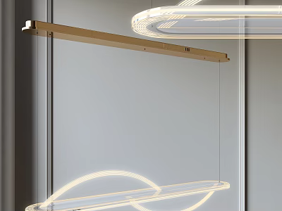 Modern Chandelier With Circular Rings Linear Bars Wooden Elements Transparent Materials And Soft Lighting 3d model