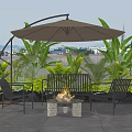 Stylish Outdoor Sofa Set With Fire Pit Umbrella And Green Plants On Patio