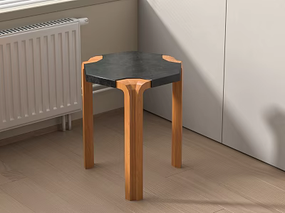 Modern Stool With Black Hexagonal Top And Wooden Legs In Room Corner On Wooden Floor 3d model